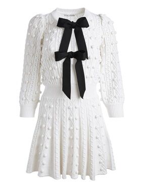 Alice + Olivia White Knit Dress with Black Ribbon Bows